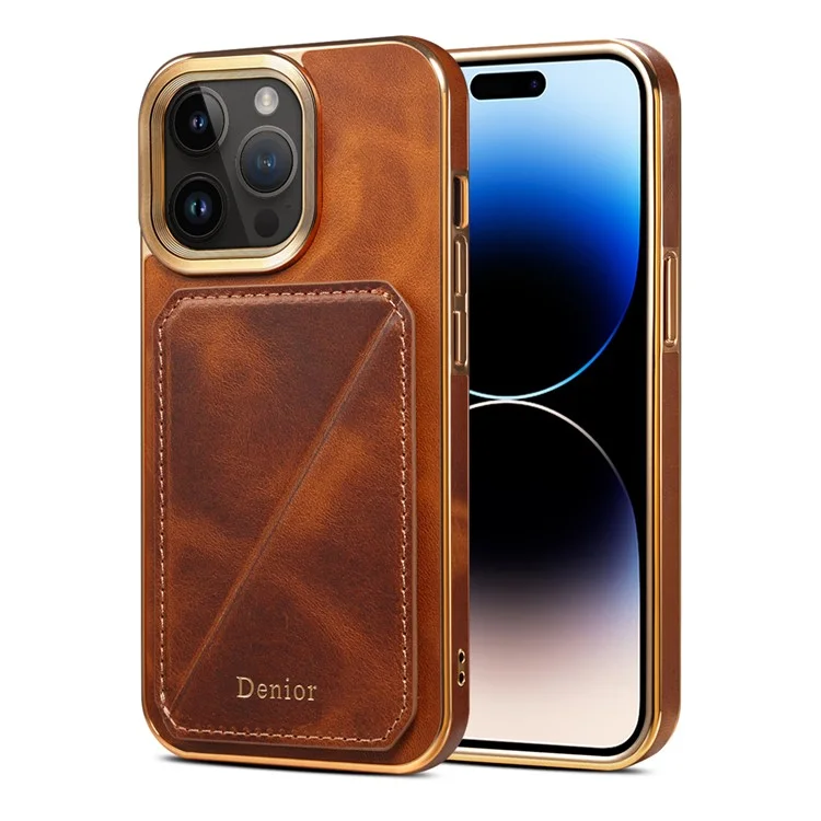 Capa para telefone DENIOR Electroplating para iPhone 14 Pro com suporte para cartão, suporte e couro genuíno de vaca encerado, revestida em TPU+PC - Marrom