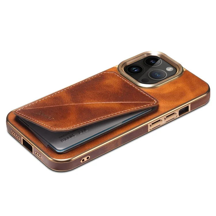 Capa para telefone DENIOR Electroplating para iPhone 14 Pro com suporte para cartão, suporte e couro genuíno de vaca encerado, revestida em TPU+PC - Marrom