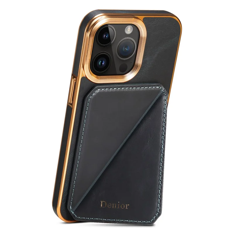 DENIOR Custodia per iPhone 14 Pro in pelle bovina genuina con rivestimento ceroso, con porta carte e supporto - Blu