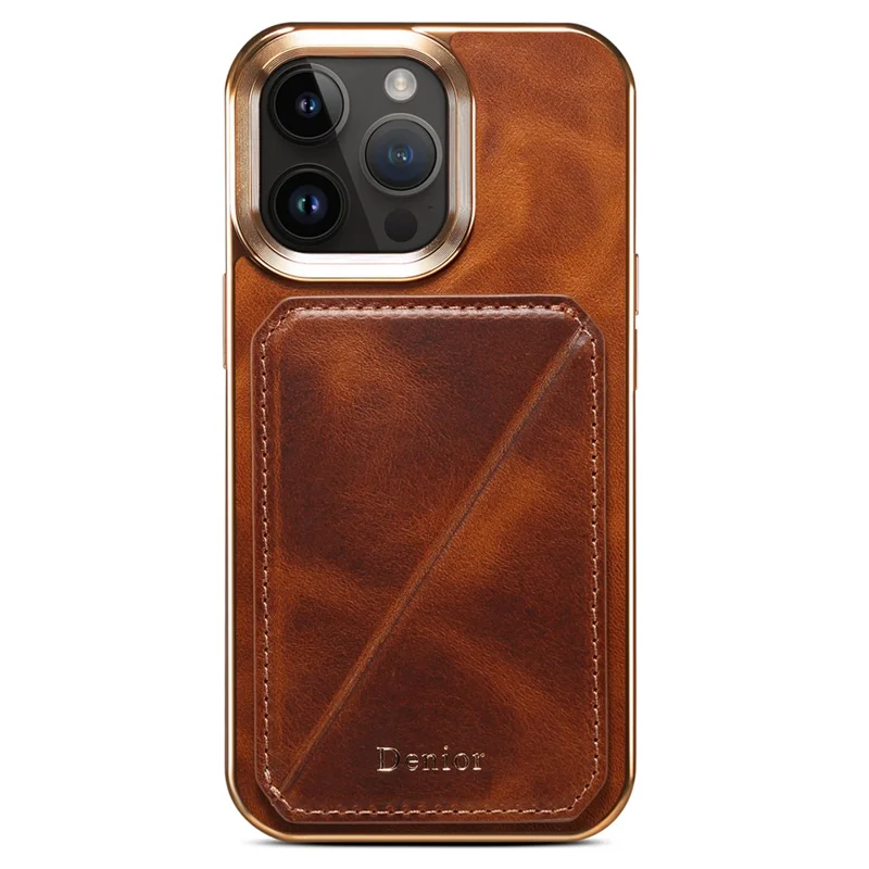 DENIOR For iPhone 13 Pro Max Card Holder Kickstand Cover Waxy Genuine Cow Leather Coated TPU+PC Electroplating Case - Brown