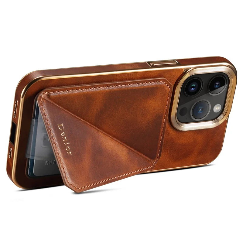 DENIOR For iPhone 13 Pro Max Card Holder Kickstand Cover Waxy Genuine Cow Leather Coated TPU+PC Electroplating Case - Brown