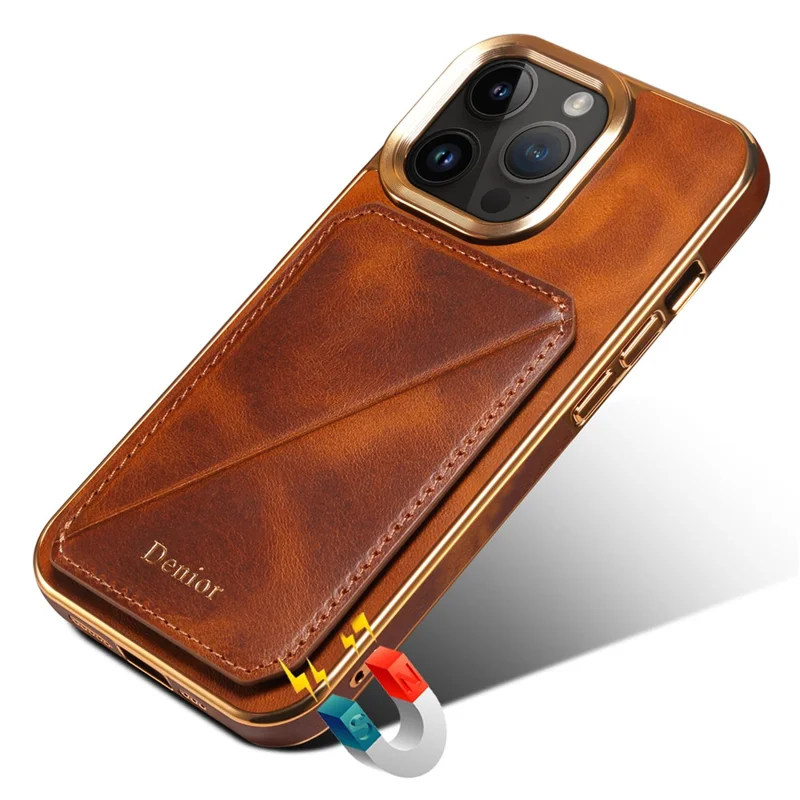 DENIOR For iPhone 13 Pro Max Card Holder Kickstand Cover Waxy Genuine Cow Leather Coated TPU+PC Electroplating Case - Brown