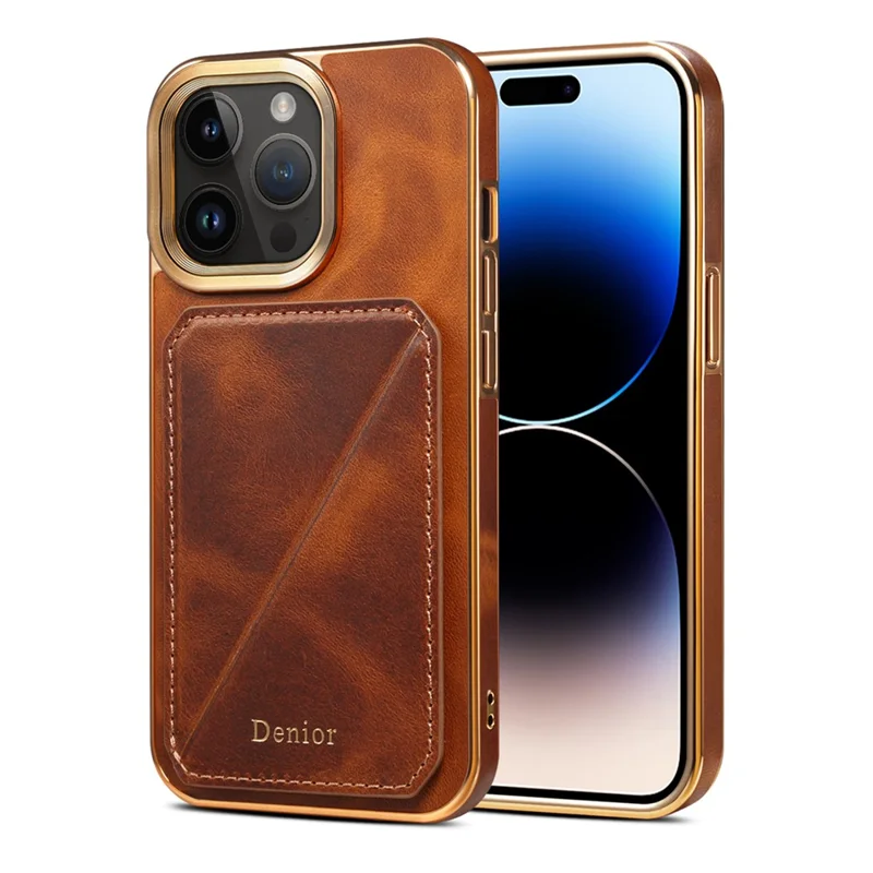 DENIOR For iPhone 14 Pro Max Phone Kickstand Case Card Holder Electroplating Waxy Genuine Cow Leather Coated TPU+PC Cover - Brown