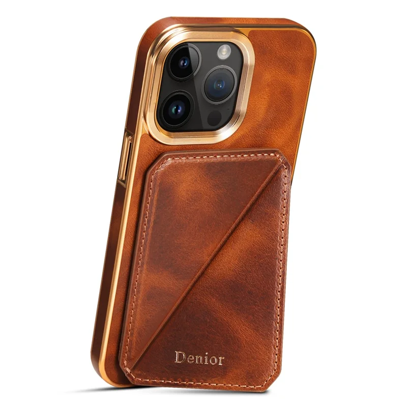 DENIOR For iPhone 14 Pro Max Phone Kickstand Case Card Holder Electroplating Waxy Genuine Cow Leather Coated TPU+PC Cover - Brown