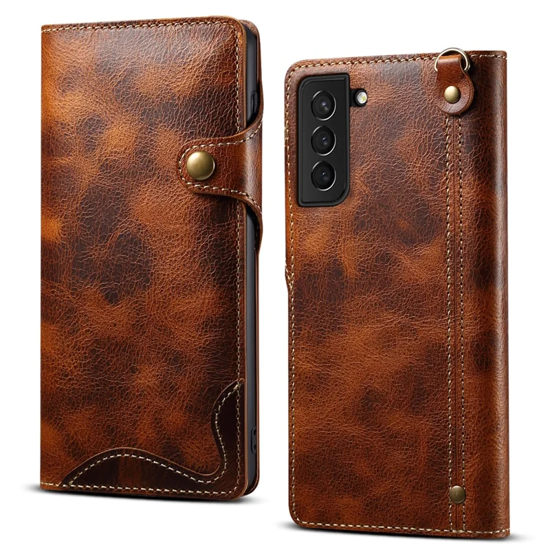 Per Samsung Galaxy S23 FE Buckled Retro Oil Wax Genuine Cow Leather+TPU Wallet Case Phone Cover - Marrone