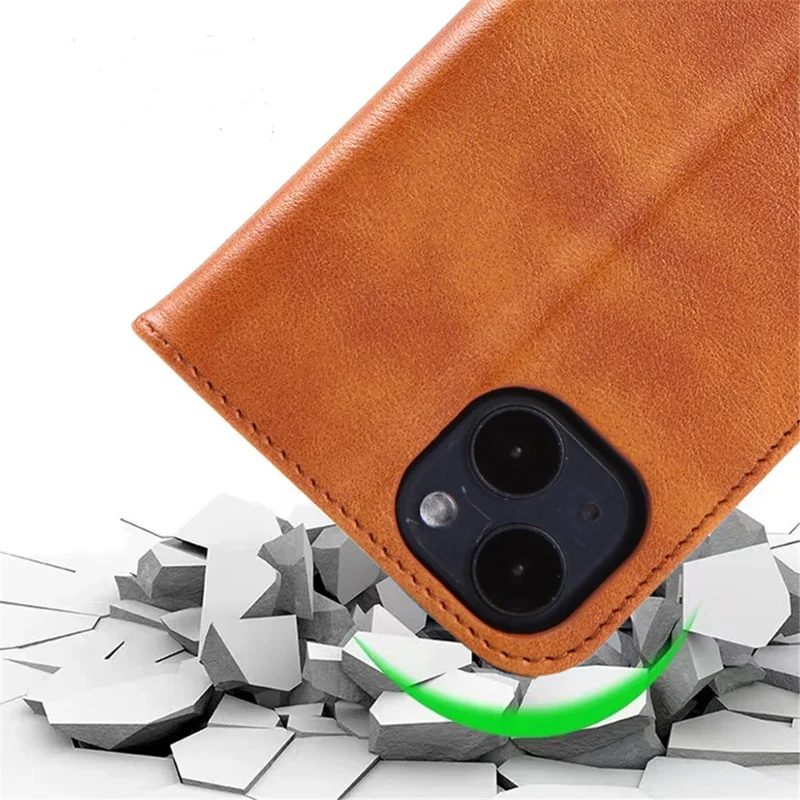 Чехол для iPhone 15 Anti-Drop PU Leather Flip Cover Wallet Phone Case с подставкой - коричневый