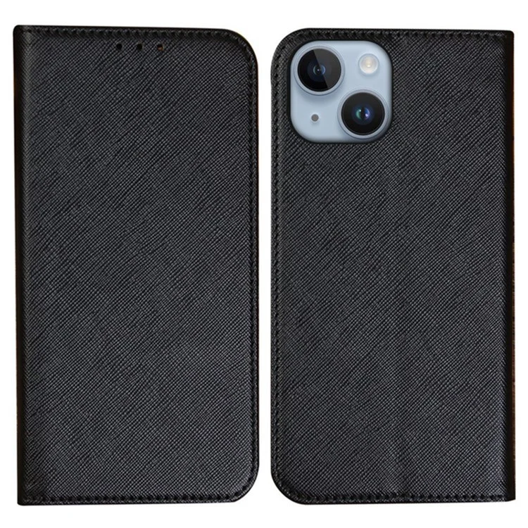 Custodia a Libro in PU Leather per iPhone 15 Plus, Supporto a Portafoglio con Texture a Croce, Cover per Telefono - Nero