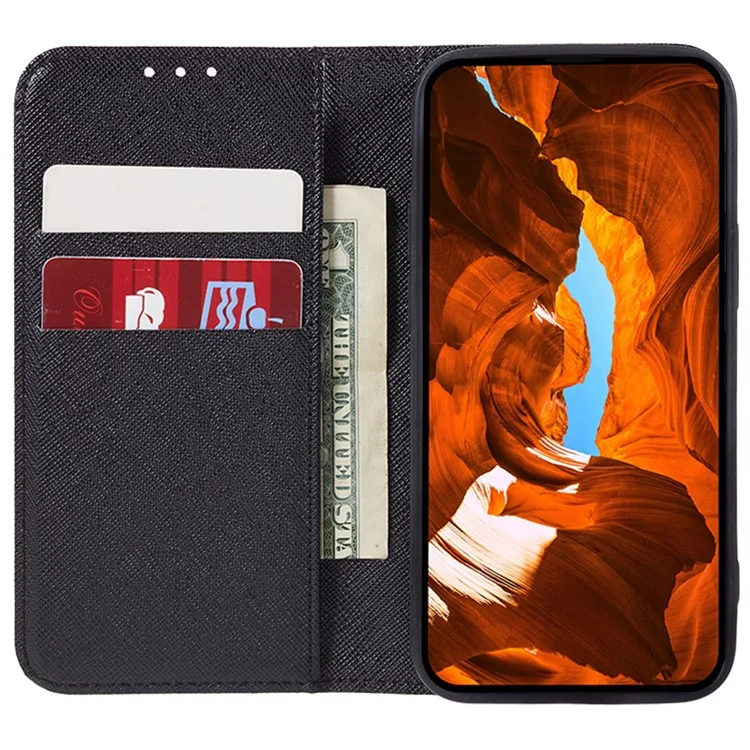 Custodia a Libro in PU Leather per iPhone 15 Plus, Supporto a Portafoglio con Texture a Croce, Cover per Telefono - Nero