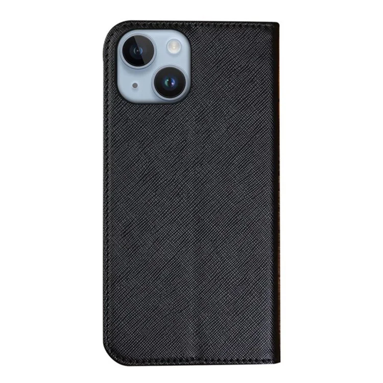 Custodia a Libro in PU Leather per iPhone 15 Plus, Supporto a Portafoglio con Texture a Croce, Cover per Telefono - Nero