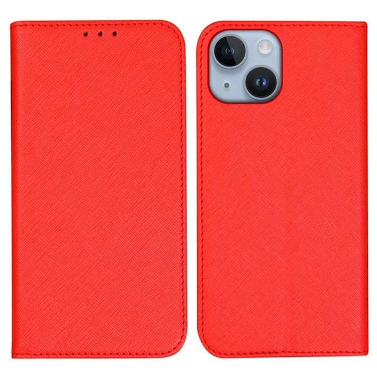 For iPhone 15 Wallet Phone Case PU Leather Cross Texture Stand Magnetic Cover - Red