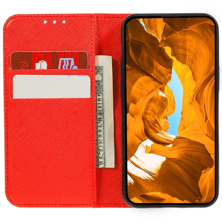 For iPhone 15 Wallet Phone Case PU Leather Cross Texture Stand Magnetic Cover - Red