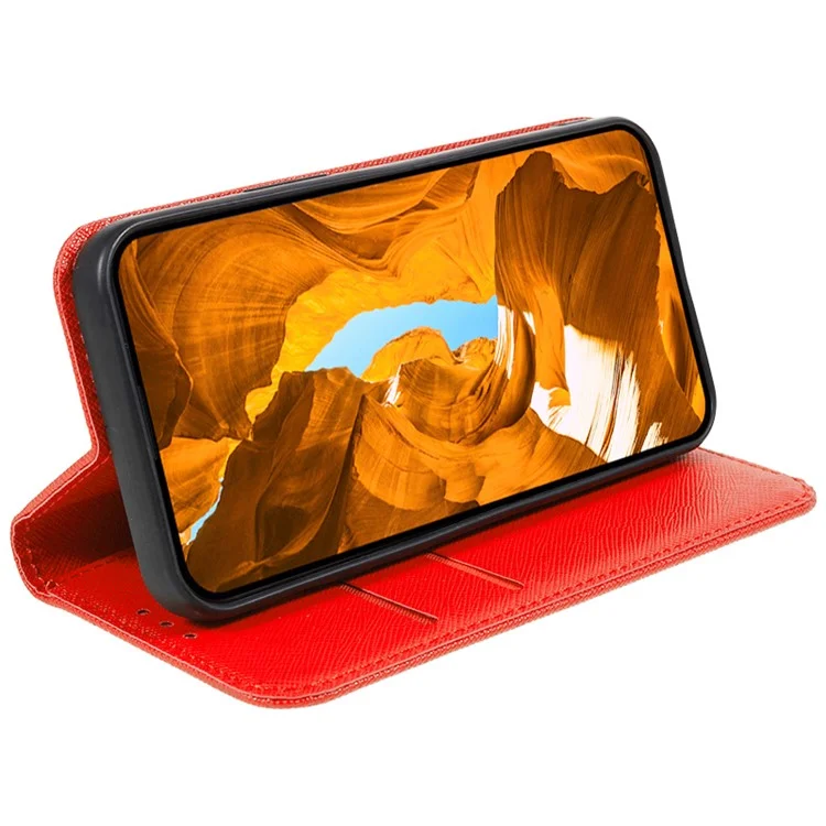 For iPhone 15 Wallet Phone Case PU Leather Cross Texture Stand Magnetic Cover - Red