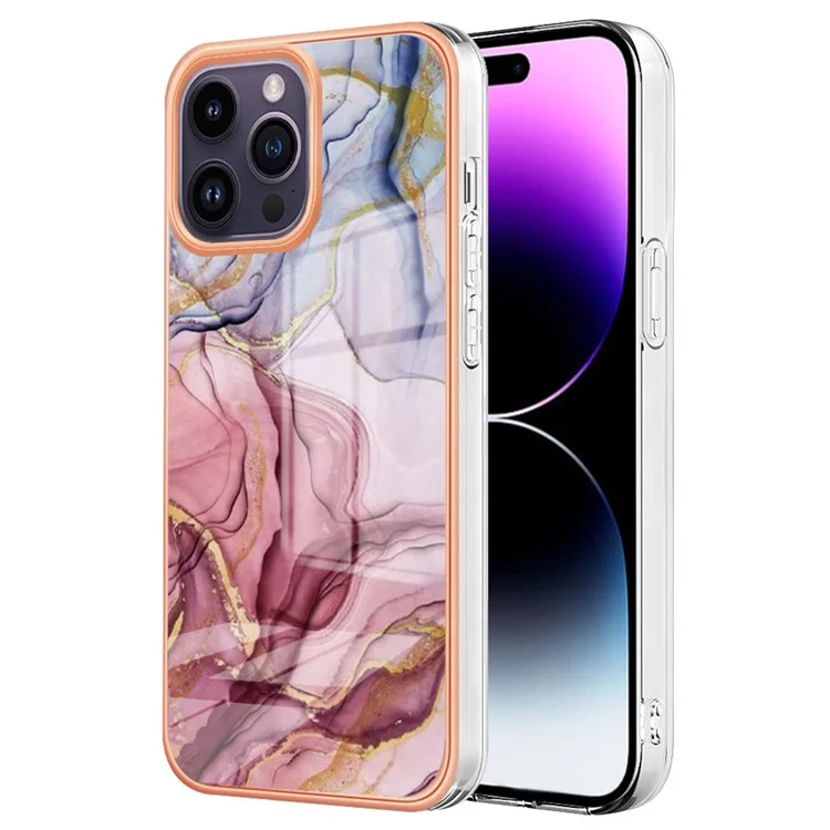 YB IMD Series-16 Style E Marble Pattern Phone Case for iPhone 15 Pro , 2.0mm TPU Electroplating Cover - Rose Gold
