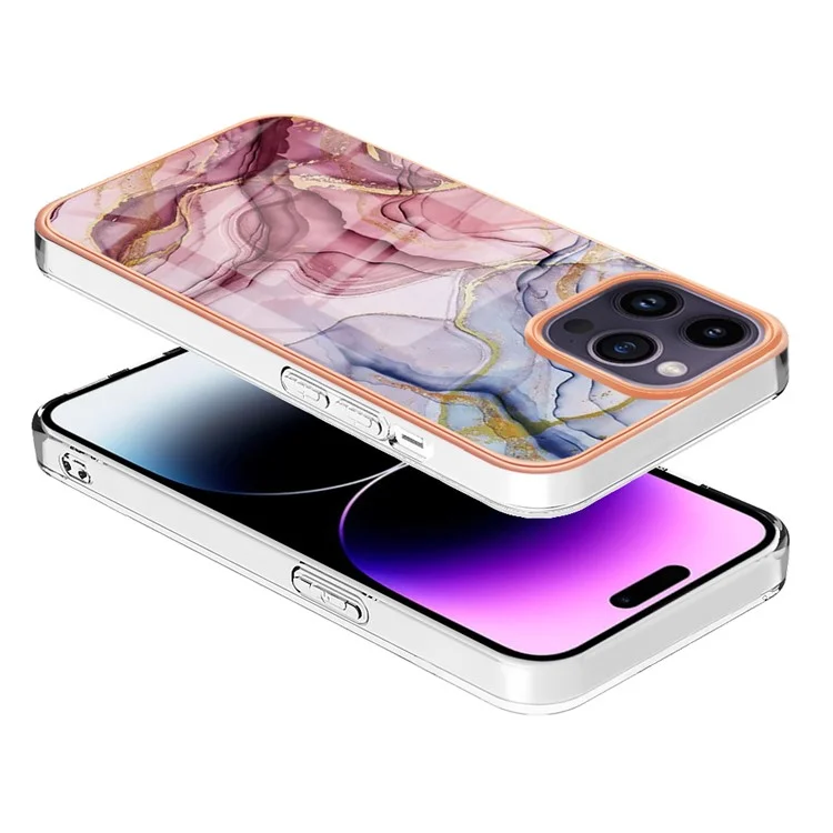 YB IMD Series-16 Style E Marble Pattern Phone Case for iPhone 15 Pro , 2.0mm TPU Electroplating Cover - Rose Gold
