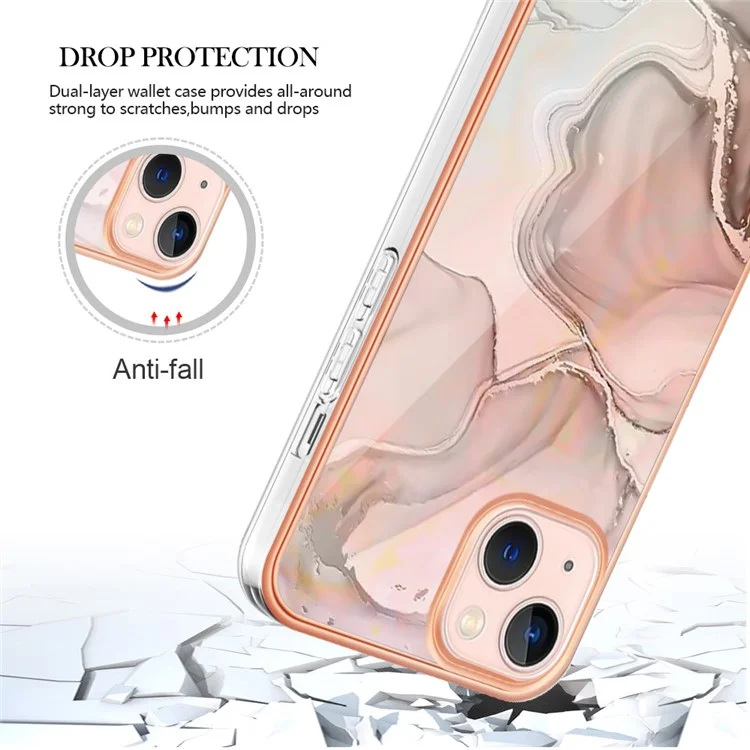 YB IMD Series-16 Style E 2.0mm TPU Case per iPhone 15 Plus, Custodia per telefono con cornice placcata e motivo marmorizzato IMD - Pink