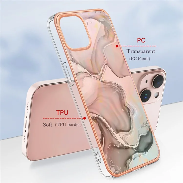 YB IMD Series-16 Style E 2.0mm TPU Case per iPhone 15 Plus, Custodia per telefono con cornice placcata e motivo marmorizzato IMD - Pink