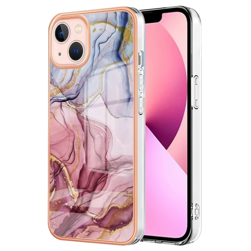YB IMD Series-16 Style E for iPhone 15 Marble Pattern Phone Case 2.0mm TPU Electroplating Frame IMD Cover - Rose Gold
