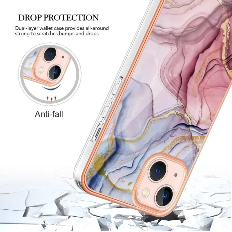 YB IMD Series-16 Style E for iPhone 15 Marble Pattern Phone Case 2.0mm TPU Electroplating Frame IMD Cover - Rose Gold