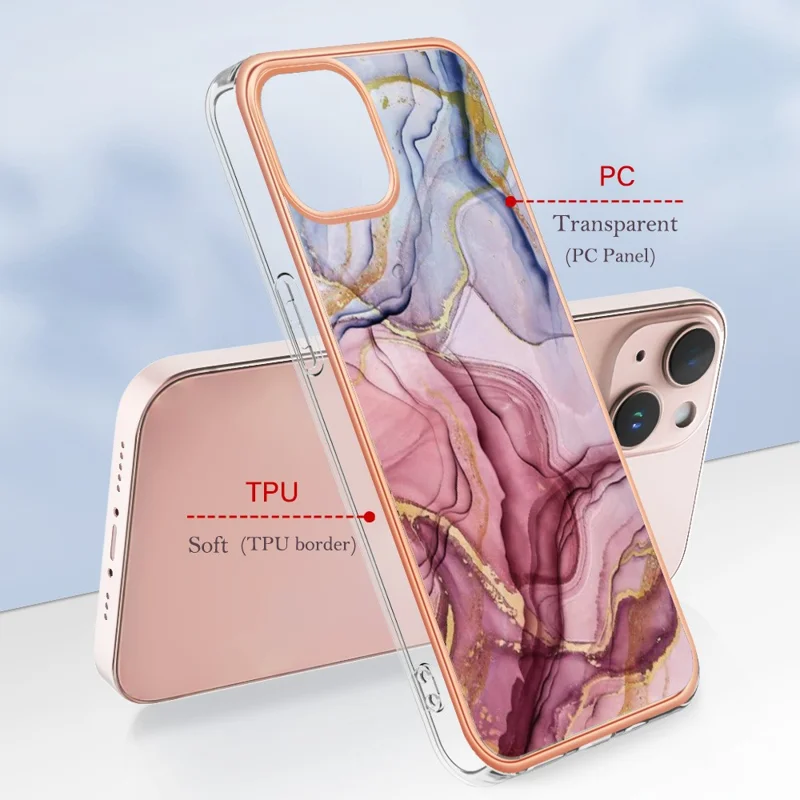 YB IMD Series-16 Style E for iPhone 15 Marble Pattern Phone Case 2.0mm TPU Electroplating Frame IMD Cover - Rose Gold