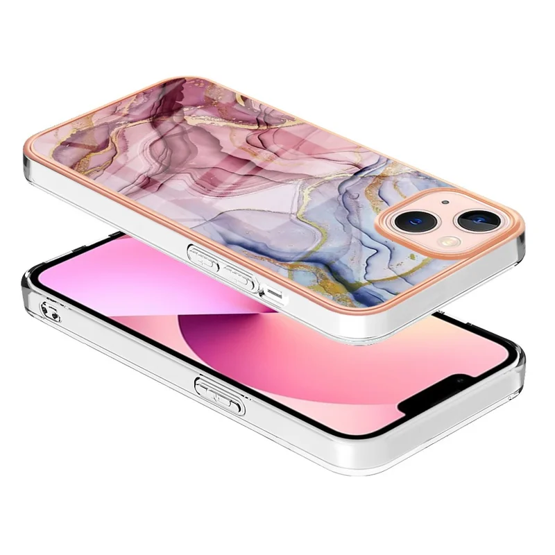 YB IMD Series-16 Style E for iPhone 15 Marble Pattern Phone Case 2.0mm TPU Electroplating Frame IMD Cover - Rose Gold