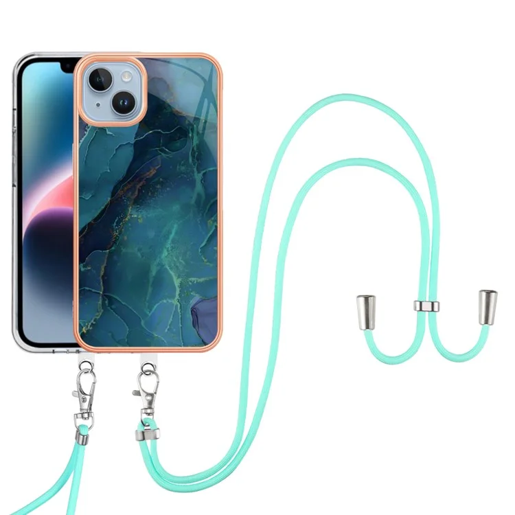 Custodia Per Telefono in Stile Serie 18 IMD Per Iphone 15 Plus IMD Modello in Marmo 2,0 mm Copertura Anti-drop TPU Con Cordino - Verde