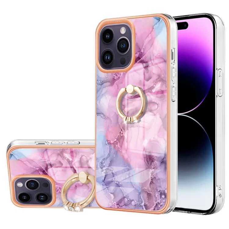YB IMD Series-17 Style-E for iPhone 15 Pro Max Ring Kickstand 2.0mm TPU Phone Case IMD Marble Pattern Back Cover - Rose