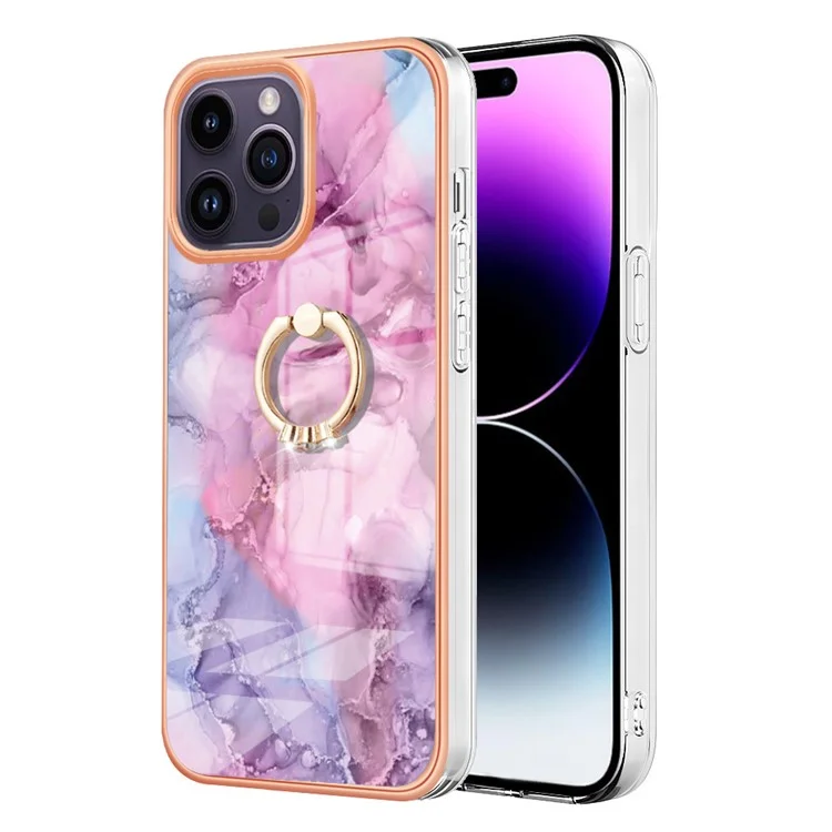 YB IMD Series-17 Style-E for iPhone 15 Pro Max Ring Kickstand 2.0mm TPU Phone Case IMD Marble Pattern Back Cover - Rose