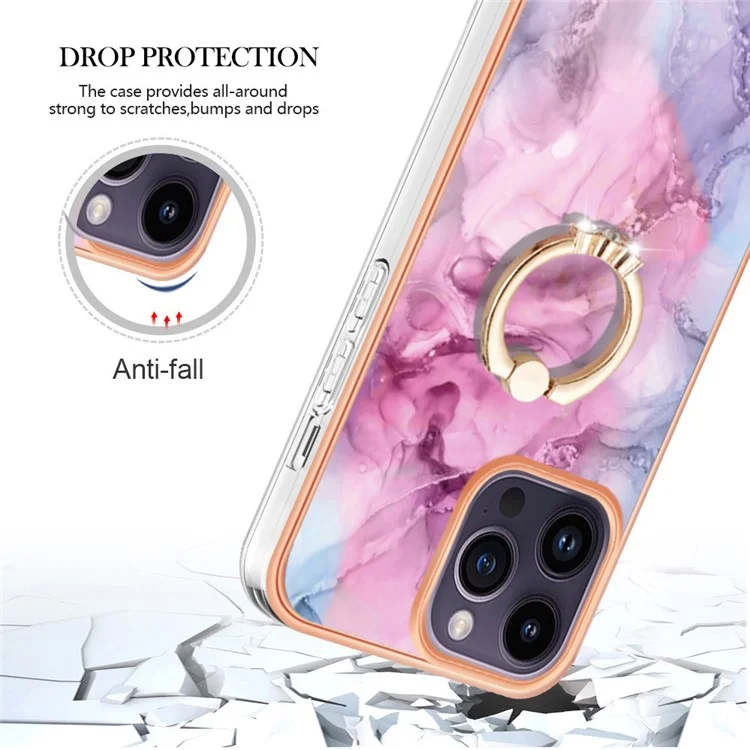 YB IMD Series-17 Style-E for iPhone 15 Pro Max Ring Kickstand 2.0mm TPU Phone Case IMD Marble Pattern Back Cover - Rose