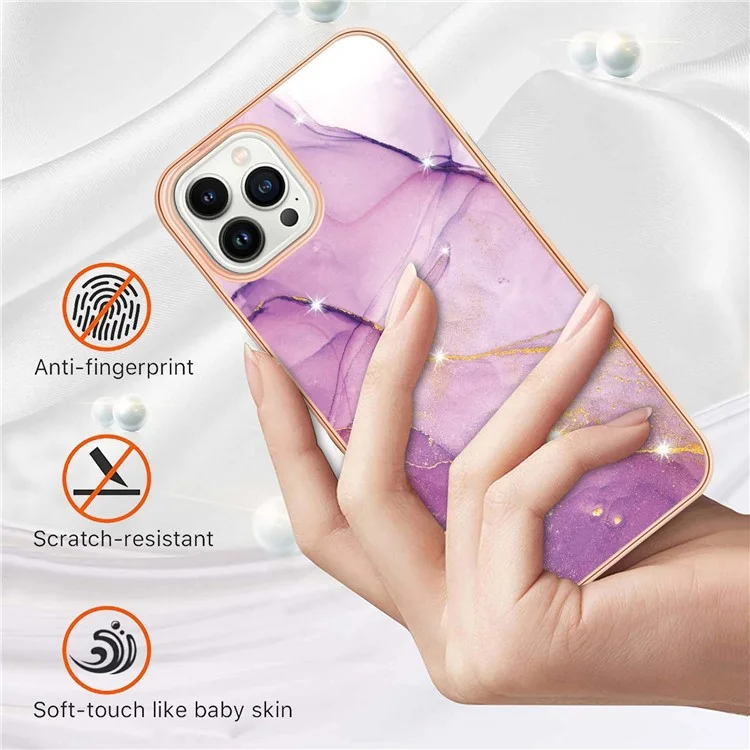 YB IMD Series-2 Per iPhone 15 Pro Custodia per telefono Marble Pattern IMD Copertura posteriore in TPU elettroplaccata - Viola 001