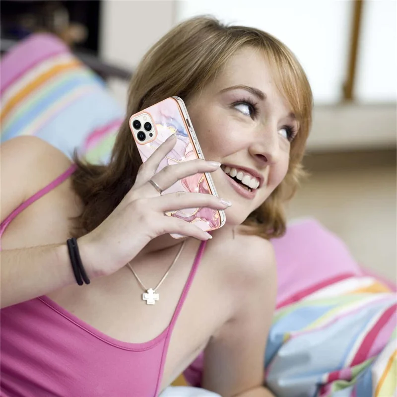 For iPhone 15 Pro TPU Case with IMD Marble Pattern Electroplated Back Cover - Rose Gold 005