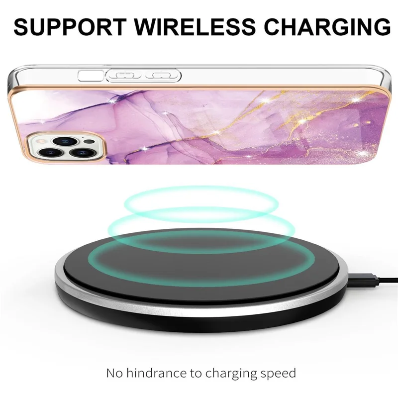 For iPhone 15 Pro Max TPU Case with IMD Marble Pattern Electroplated Back Cover - Purple 001