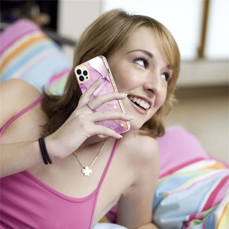 For iPhone 15 Pro Max TPU Case with IMD Marble Pattern Electroplated Back Cover - Purple 001