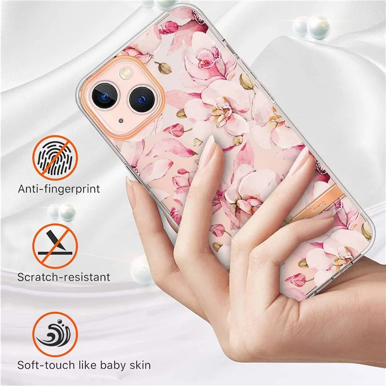 For iPhone 15 Case IMD IML Flower Pattern Electroplated TPU Back Cover - HC005 Pink Gardenia