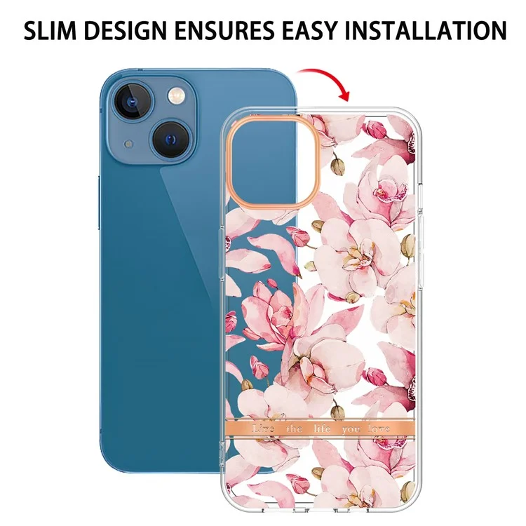For iPhone 15 Case IMD IML Flower Pattern Electroplated TPU Back Cover - HC005 Pink Gardenia