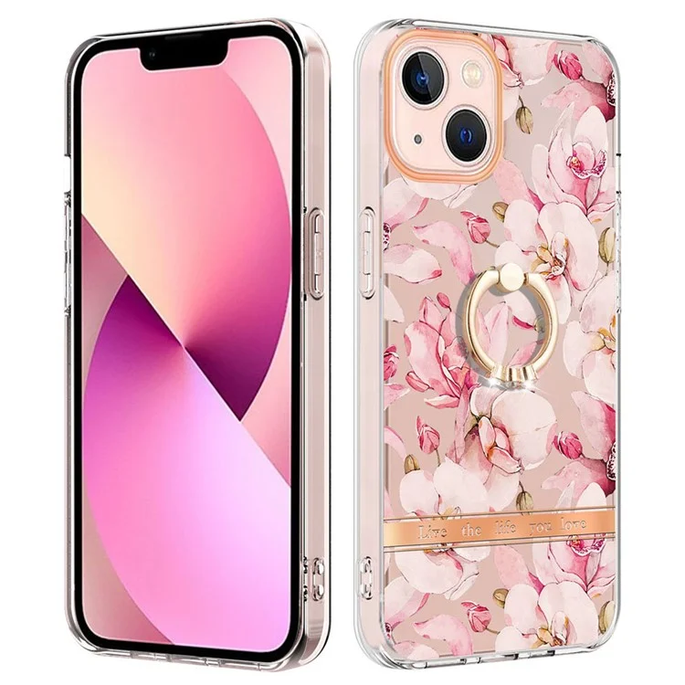 For iPhone 15 Back Cover with Ring Kickstand Flower Pattern Electroplating TPU Case - HC005 Pink Gardenia