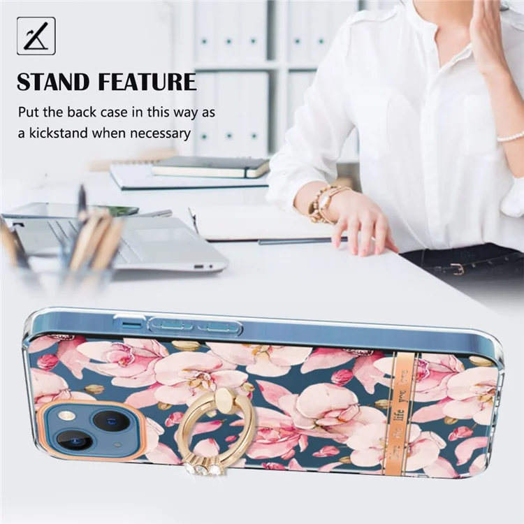 For iPhone 15 Back Cover with Ring Kickstand Flower Pattern Electroplating TPU Case - HC005 Pink Gardenia