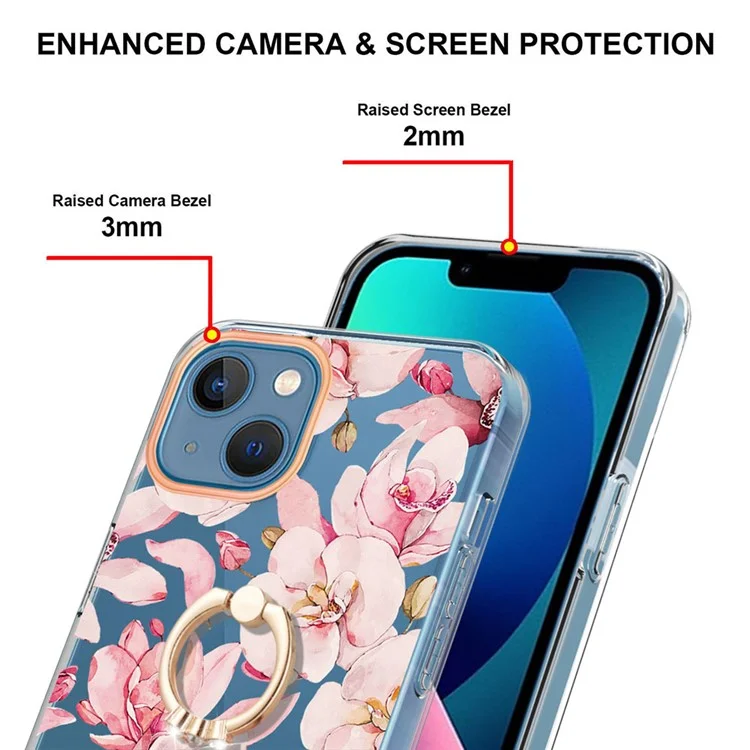 For iPhone 15 Back Cover with Ring Kickstand Flower Pattern Electroplating TPU Case - HC005 Pink Gardenia
