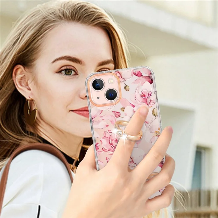 For iPhone 15 Back Cover with Ring Kickstand Flower Pattern Electroplating TPU Case - HC005 Pink Gardenia
