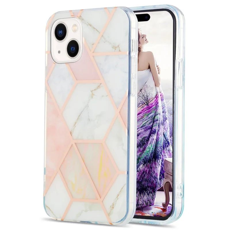 For iPhone 15 Case Splicing IMD Marble Pattern Electroplated TPU Back Cover - Pink / White