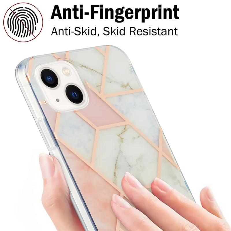 For iPhone 15 Case Splicing IMD Marble Pattern Electroplated TPU Back Cover - Pink / White