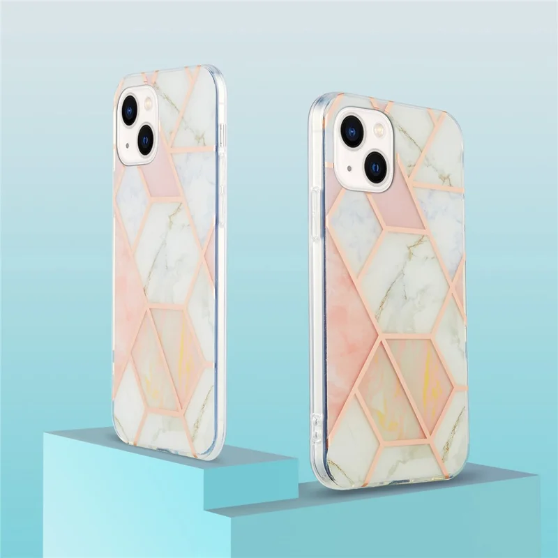 For iPhone 15 Case Splicing IMD Marble Pattern Electroplated TPU Back Cover - Pink / White