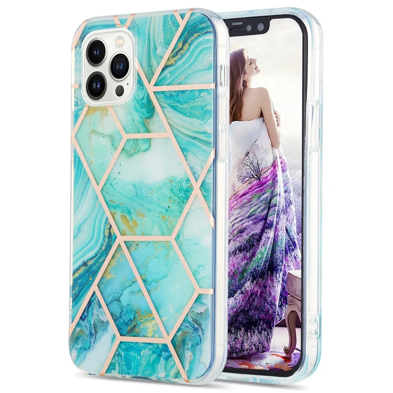 For iPhone 15 Pro Case Splicing IMD Marble Pattern Electroplated TPU Back Cover - Blue
