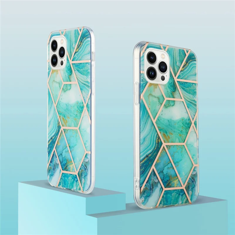 For iPhone 15 Pro Case Splicing IMD Marble Pattern Electroplated TPU Back Cover - Blue