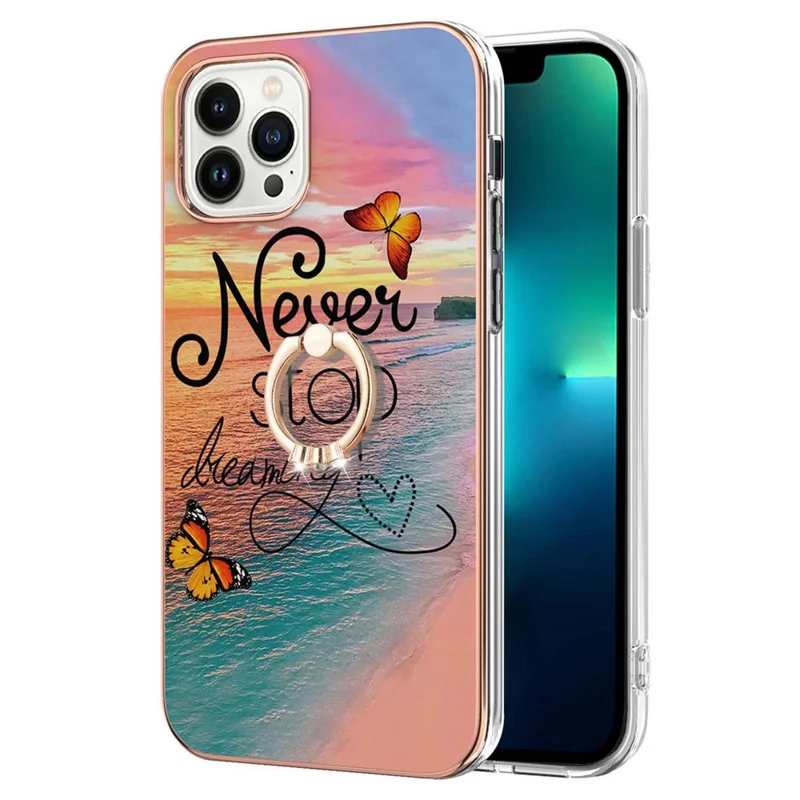 For iPhone 15 Pro Max Case with Ring Kickstand IMD Marble Pattern TPU Back Cover - Never Stop Dreaming