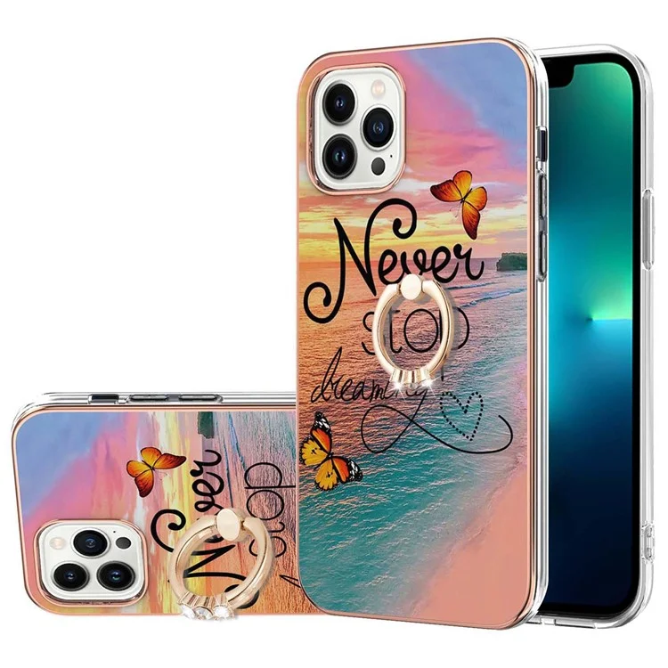 For iPhone 15 Pro Case with Ring Kickstand IMD Marble Pattern TPU Back Cover - Never Stop Dreaming