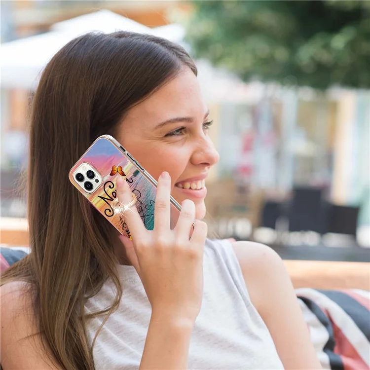 For iPhone 15 Pro Case with Ring Kickstand IMD Marble Pattern TPU Back Cover - Never Stop Dreaming
