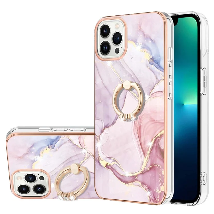 YB IMD Series-10 per iPhone 15 Pro IMD Marble Phone Cover TPU Drop-proof Kickstand Case - Rose Gold 005