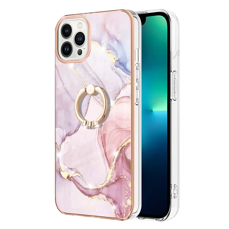 YB IMD Series-10 per iPhone 15 Pro IMD Marble Phone Cover TPU Drop-proof Kickstand Case - Rose Gold 005