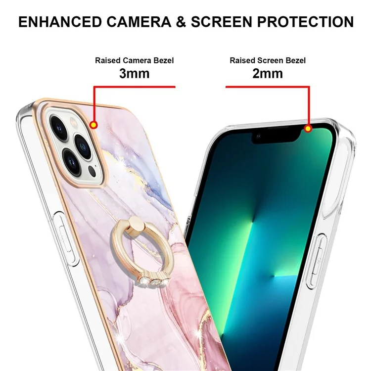 YB IMD Series-10 per iPhone 15 Pro IMD Marble Phone Cover TPU Drop-proof Kickstand Case - Rose Gold 005