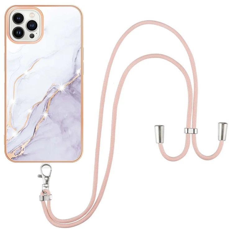 Série YB IMD-9 pour iPhone 15 Pro Étui de téléphone en TPU électroplaqué avec motif marbre IMD et lanière - Blanc 006